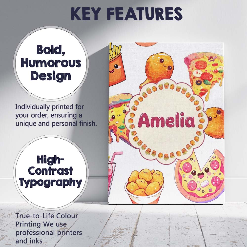 Personalised Name Cute Kawaii Pizza Chicken Custom Bespoke Interior Contemporary Canvas Wall Art Print Decor Picture Ready to Hang