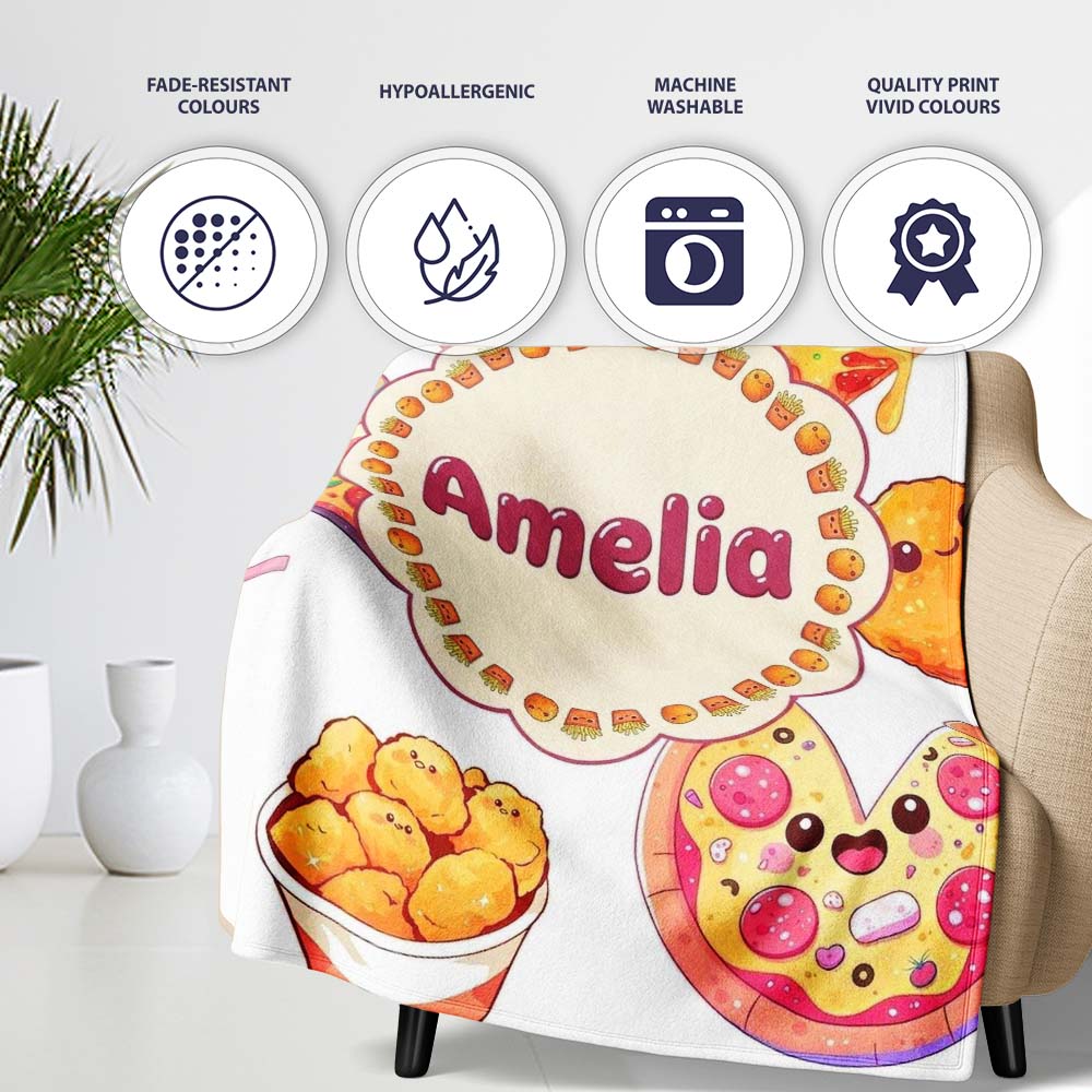 Cute Kawaii Pizza Chicken Soda Fast Food Seamless Pattern White Personalised Custom Name Super Soft Fleece Blanket Bed Sofa Throw