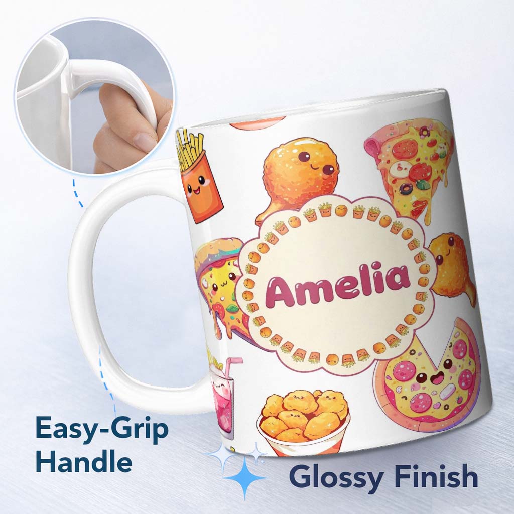 Personalized Custom Name Cute Kawaii Pizza Chicken Soda Fast Food Seamless Pattern White 11oz Ceramic Coffee Tea Mug White Large Handle