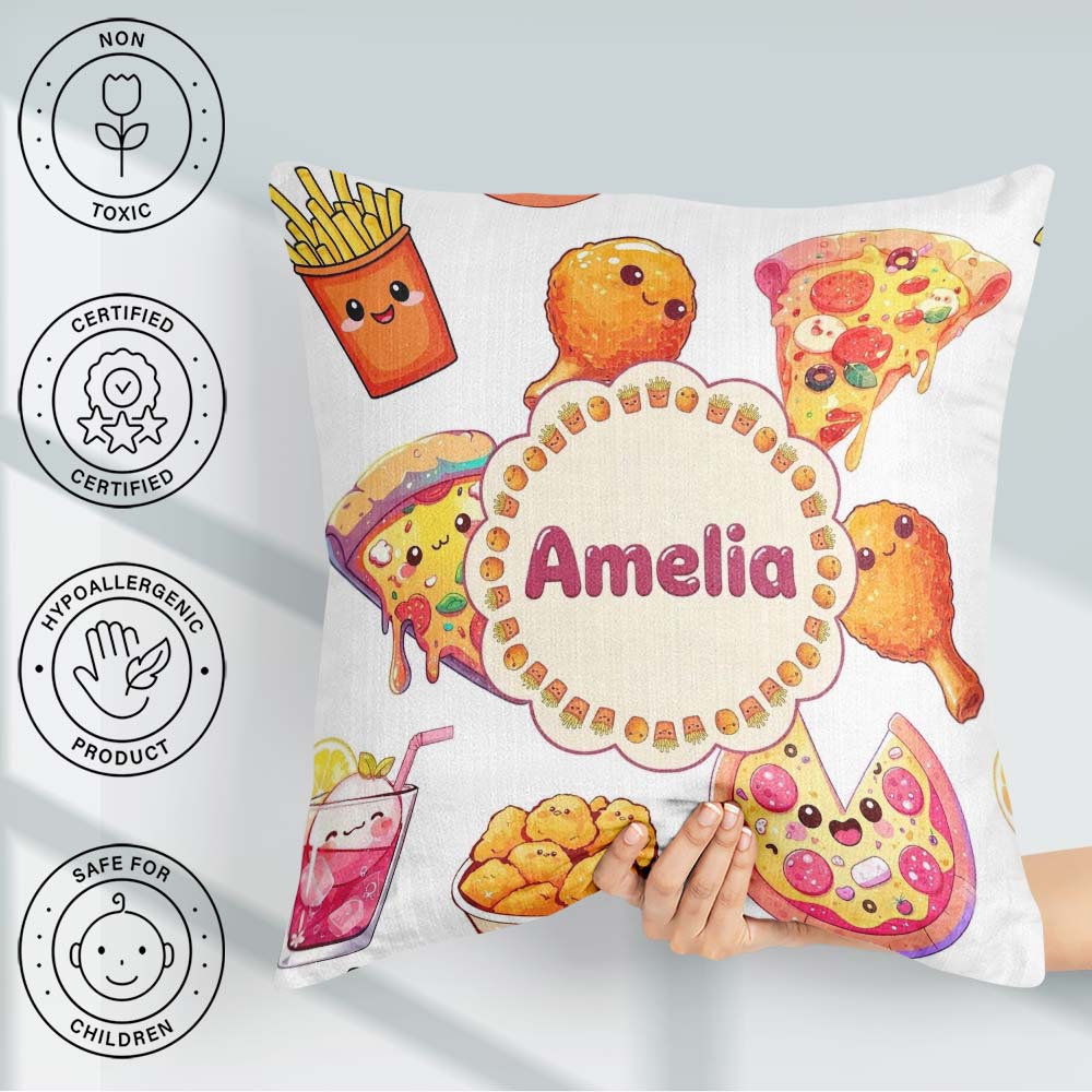 Custom Name Kawaii Pizza Chicken Soda Fast Food Seamless Pattern Square Filled Cushion Throw Pillow Sofa Bed Home Decor Zip Washable UK Made