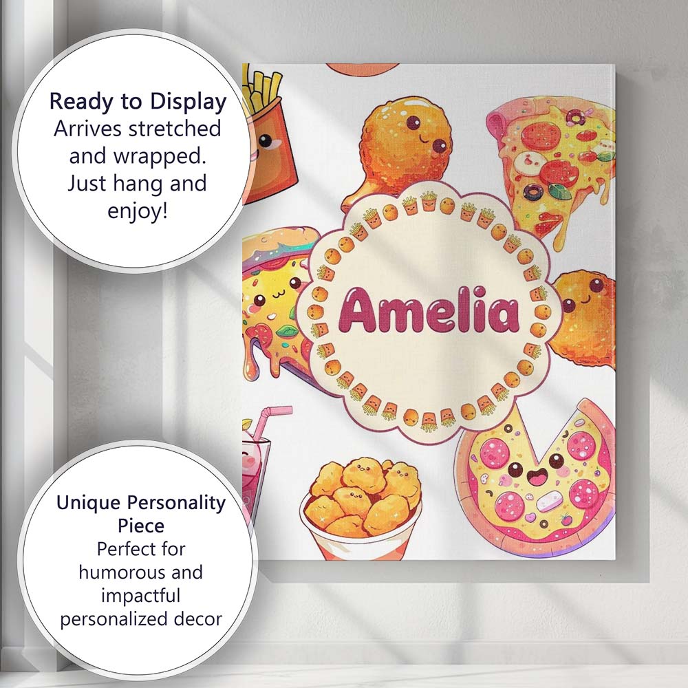 Personalised Name Cute Kawaii Pizza Chicken Custom Bespoke Interior Contemporary Canvas Wall Art Print Decor Picture Ready to Hang