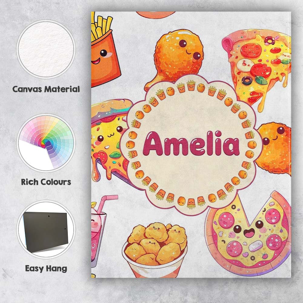 Personalised Name Cute Kawaii Pizza Chicken Custom Bespoke Interior Contemporary Canvas Wall Art Print Decor Picture Ready to Hang