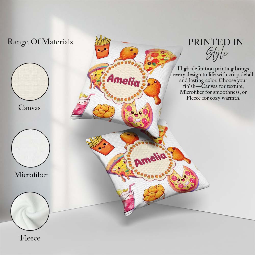 Custom Name Kawaii Pizza Chicken Soda Fast Food Seamless Pattern Square Filled Cushion Throw Pillow Sofa Bed Home Decor Zip Washable UK Made
