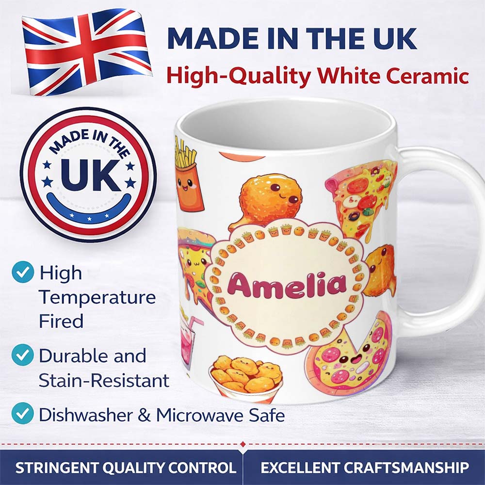 Personalized Custom Name Cute Kawaii Pizza Chicken Soda Fast Food Seamless Pattern White 11oz Ceramic Coffee Tea Mug White Large Handle