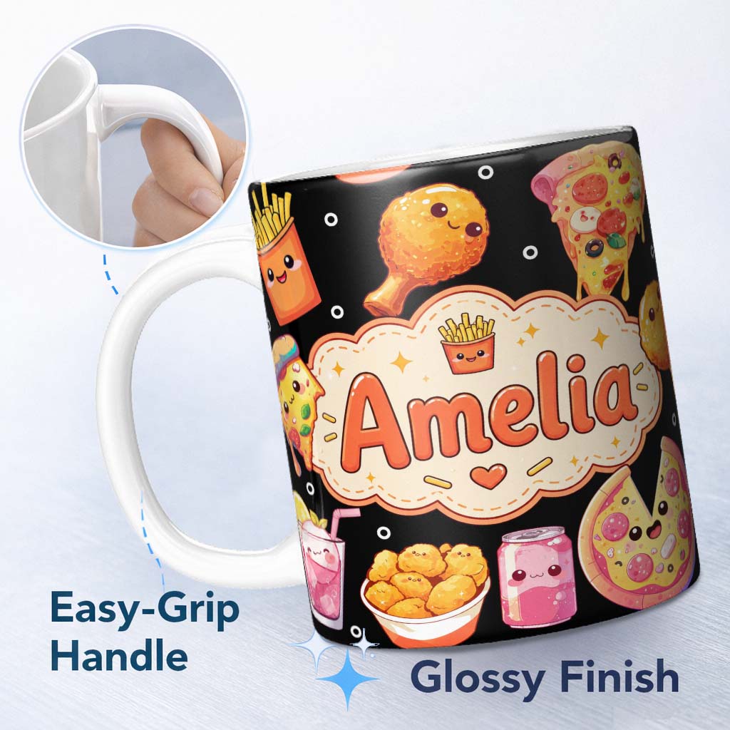 Personalized Custom Name Kawaii Pizza Chicken Soda Fast Food Seamless Pattern Clean White 11oz Ceramic Coffee Tea Mug White Large Handle