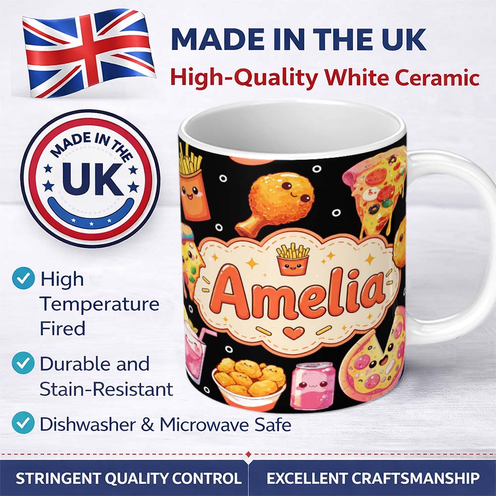 Personalized Custom Name Kawaii Pizza Chicken Soda Fast Food Seamless Pattern Clean White 11oz Ceramic Coffee Tea Mug White Large Handle