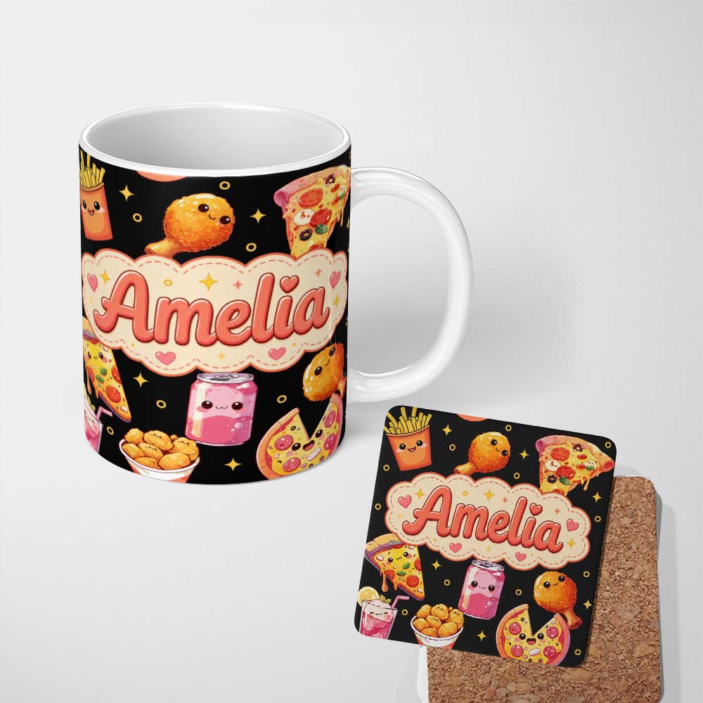Personalized Custom Name Cute Kawaii Pizza Chicken Soda Fast Food Seamless Pattern Dot White 11oz Ceramic Coffee Tea Mug White Large Handle