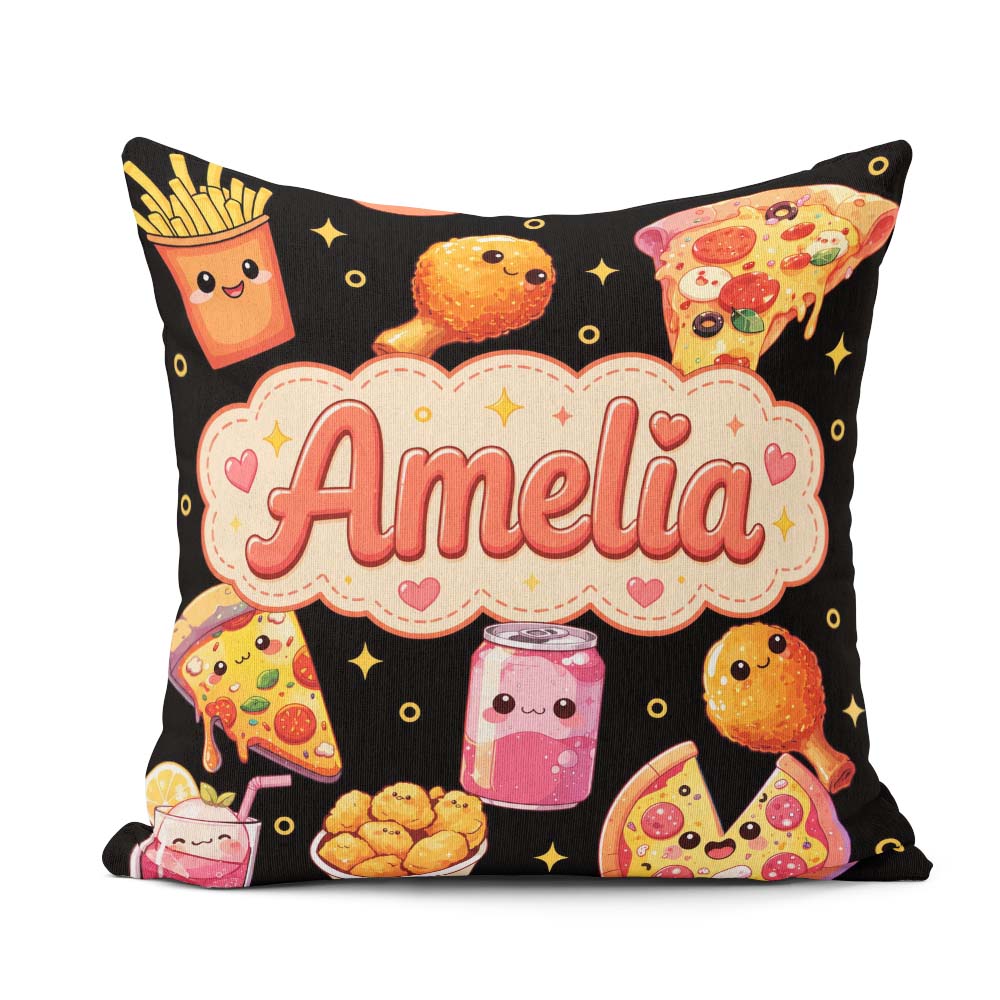 Custom Name Cute Kawaii Pizza Chicken Soda Fast Food Pattern Dot Square Filled Cushion Throw Pillow Sofa Bed Home Decor Zip Washable UK Made