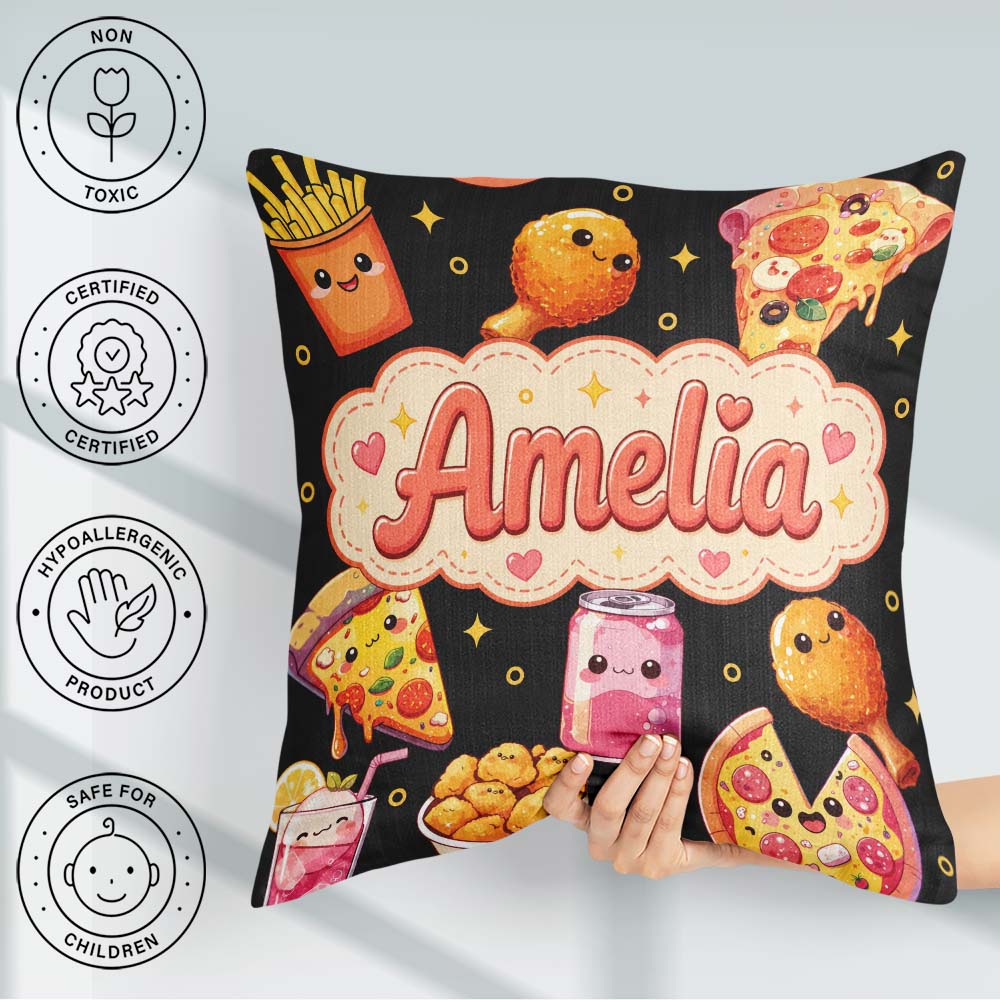 Custom Name Cute Kawaii Pizza Chicken Soda Fast Food Pattern Dot Square Filled Cushion Throw Pillow Sofa Bed Home Decor Zip Washable UK Made