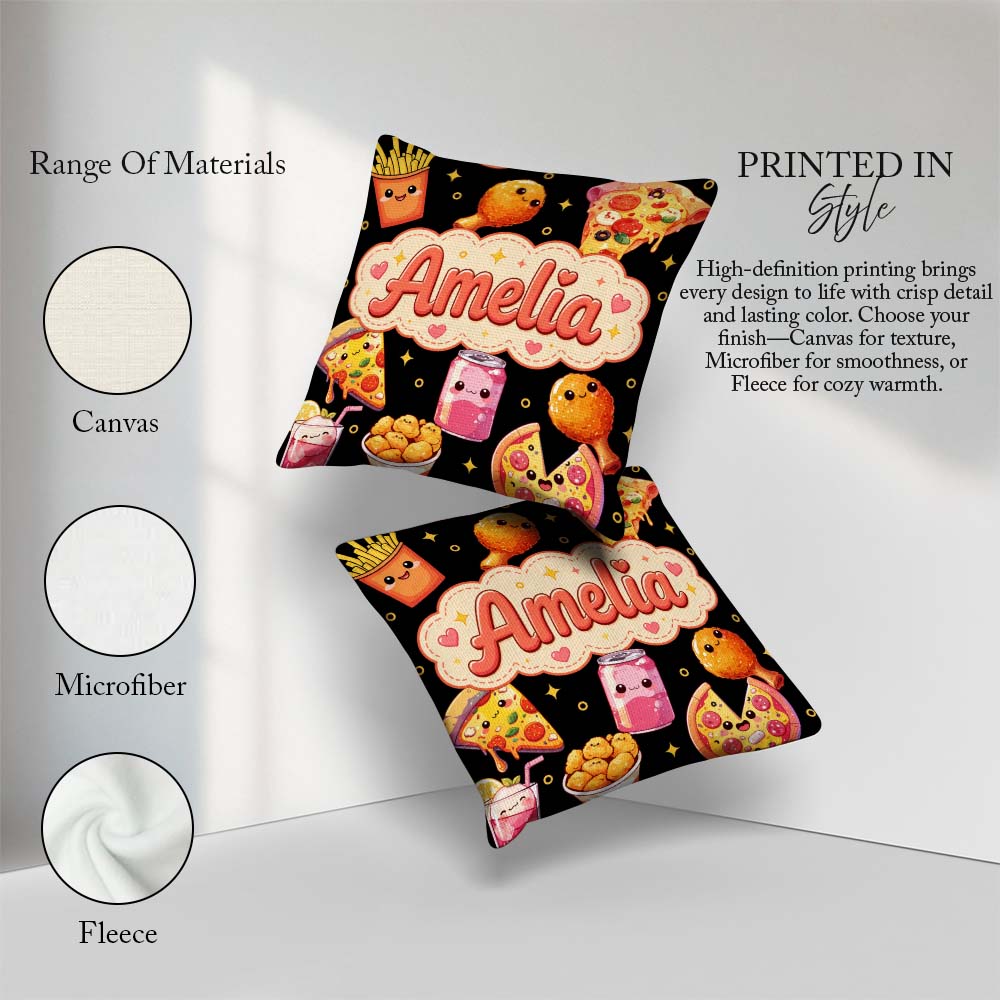 Custom Name Cute Kawaii Pizza Chicken Soda Fast Food Pattern Dot Square Filled Cushion Throw Pillow Sofa Bed Home Decor Zip Washable UK Made