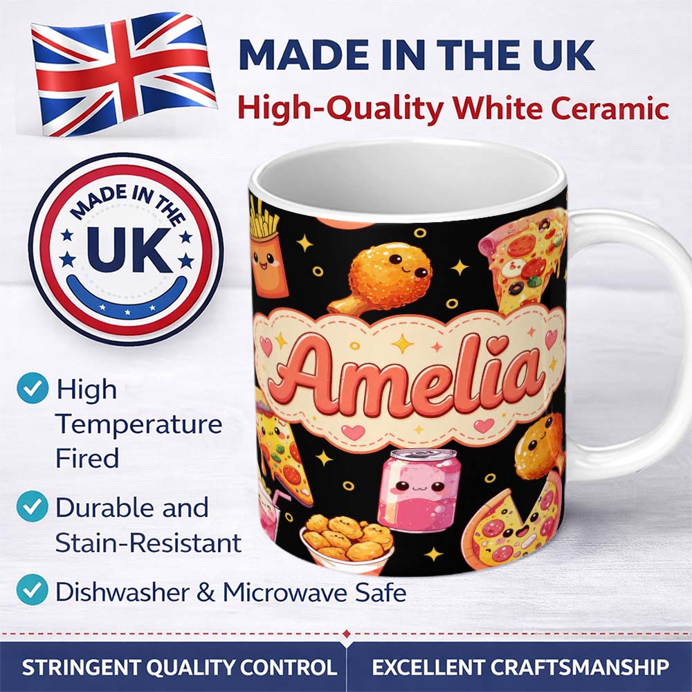 Personalized Custom Name Cute Kawaii Pizza Chicken Soda Fast Food Seamless Pattern Dot White 11oz Ceramic Coffee Tea Mug White Large Handle
