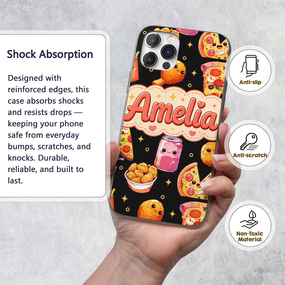Cute Kawaii Pizza Chicken Soda Fast Food Seamless Custom Name Protective Phone Case Mobile Cover Durable Everyday Smartphone Shock Resistant