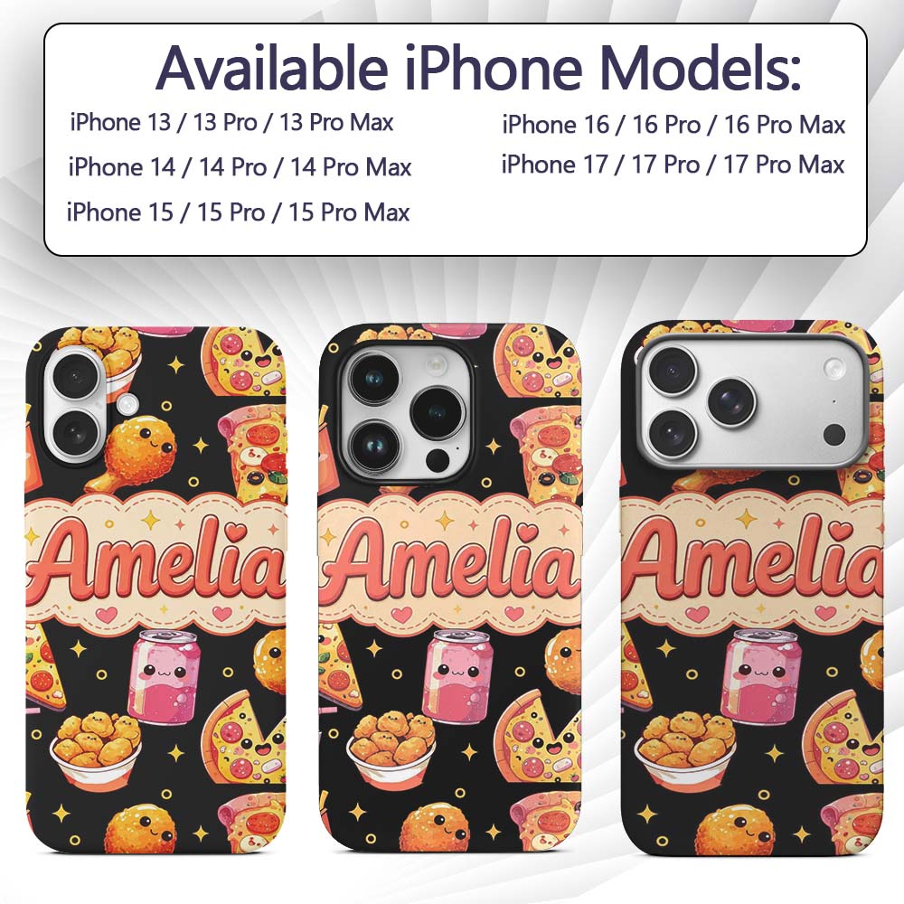 Cute Kawaii Pizza Chicken Soda Fast Food Seamless Custom Name Protective Phone Case Mobile Cover Durable Everyday Smartphone Shock Resistant