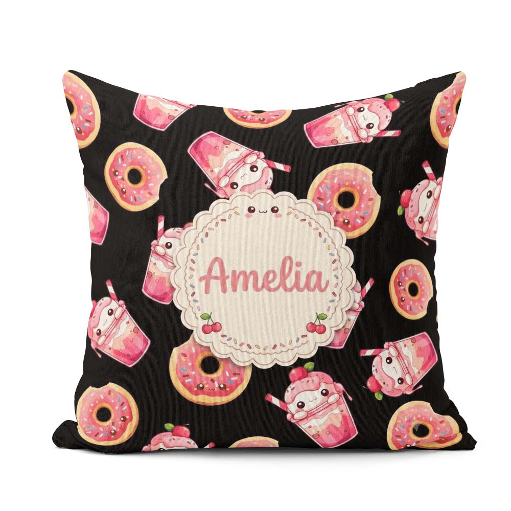 Custom Name Kawaii Donut Milkshake Dessert Seamless Pattern Pink Square Filled Cushion Throw Pillow Sofa Bed Home Decor Zip Washable UK Made