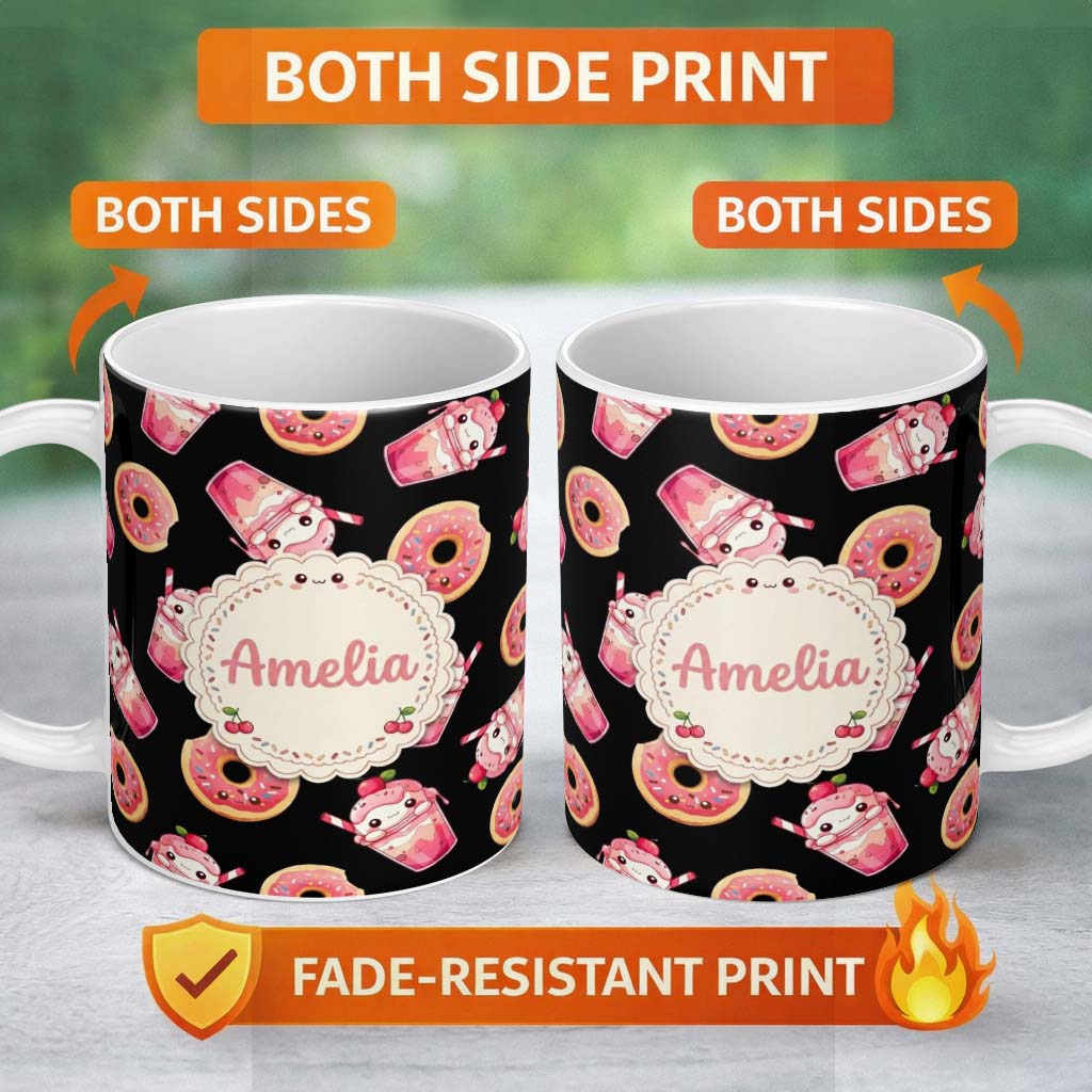 Personalized Custom Name Cute Kawaii Donut Milkshake Dessert Seamless Pattern Pink White 11oz Ceramic Coffee Tea Mug White Large Handle