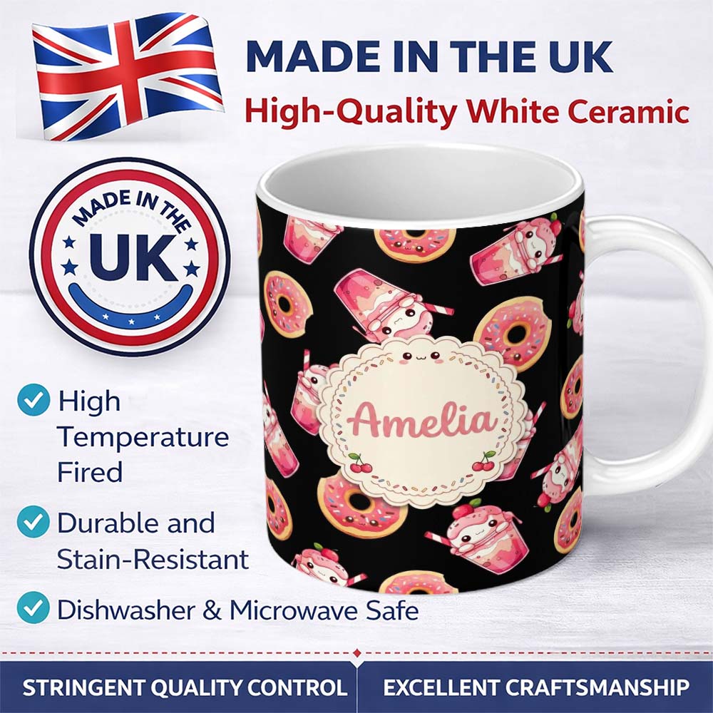 Personalized Custom Name Cute Kawaii Donut Milkshake Dessert Seamless Pattern Pink White 11oz Ceramic Coffee Tea Mug White Large Handle