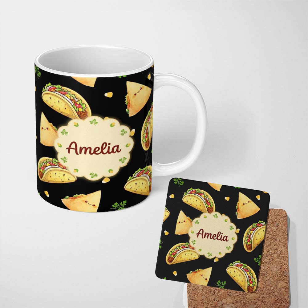 Personalized Custom Name Cute Kawaii Taco Wrap Mexican Food Seamless Pattern White 11oz Ceramic Coffee Tea Mug White Large Handle
