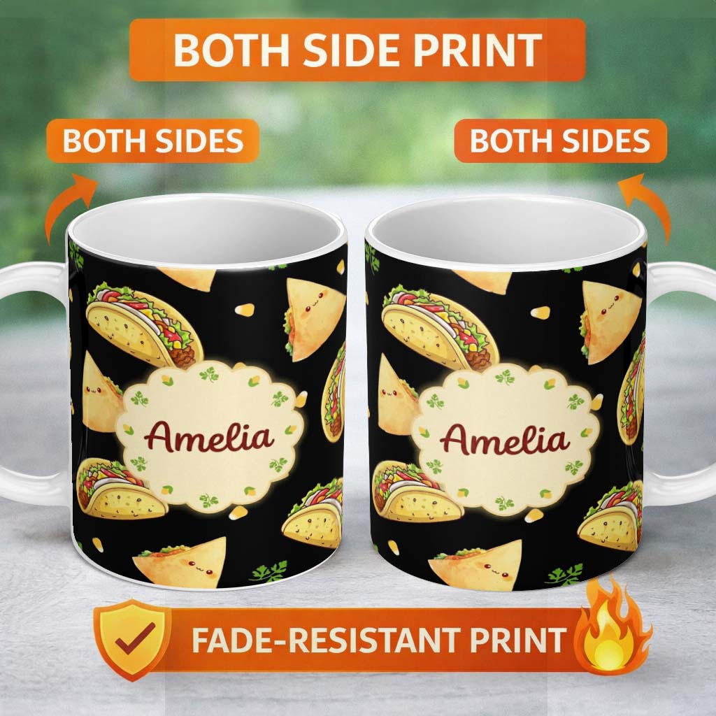 Personalized Custom Name Cute Kawaii Taco Wrap Mexican Food Seamless Pattern White 11oz Ceramic Coffee Tea Mug White Large Handle