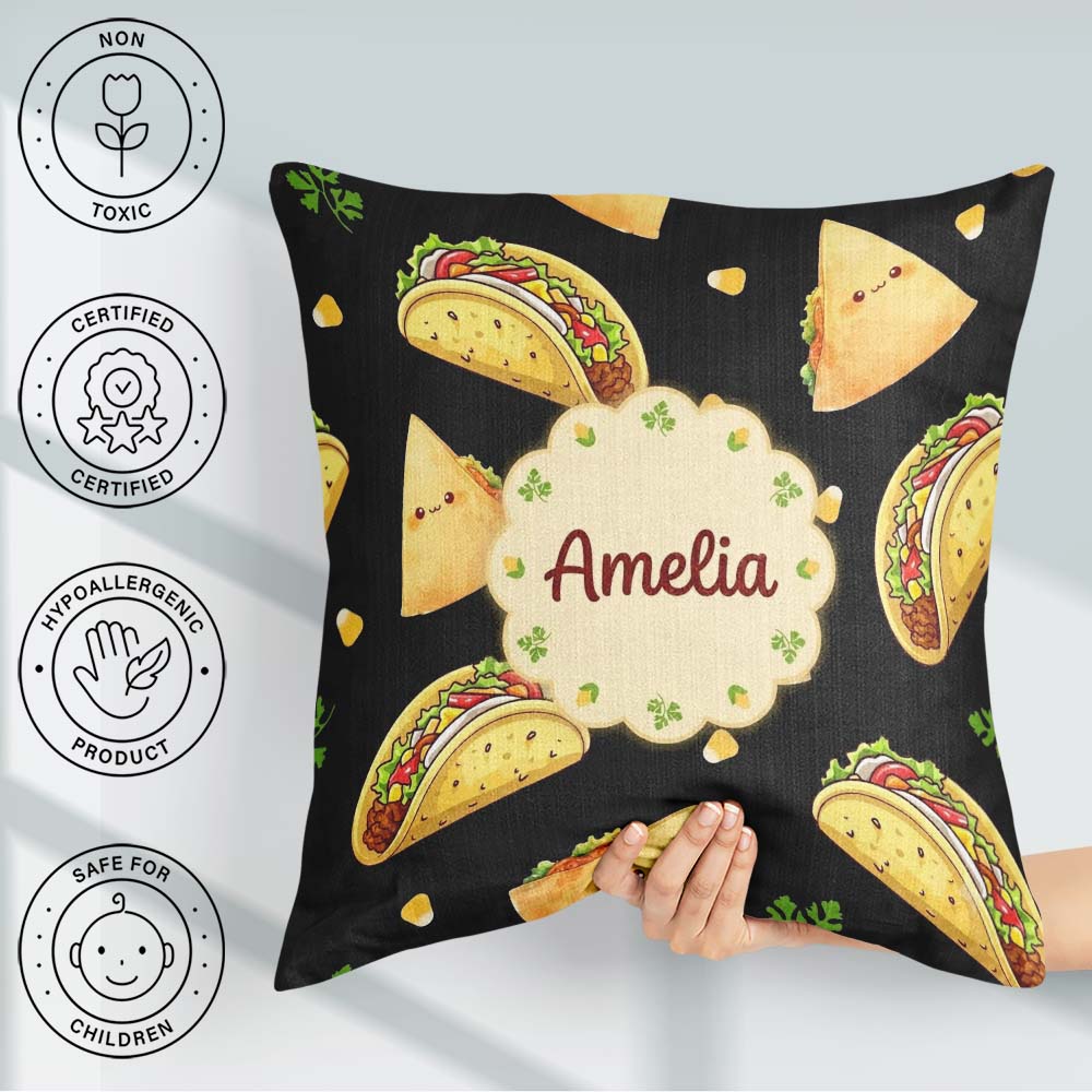 Custom Name Kawaii Taco Wrap Mexican Food Seamless Pattern White Square Filled Cushion Throw Pillow Sofa Bed Home Decor Zip Washable UK Made