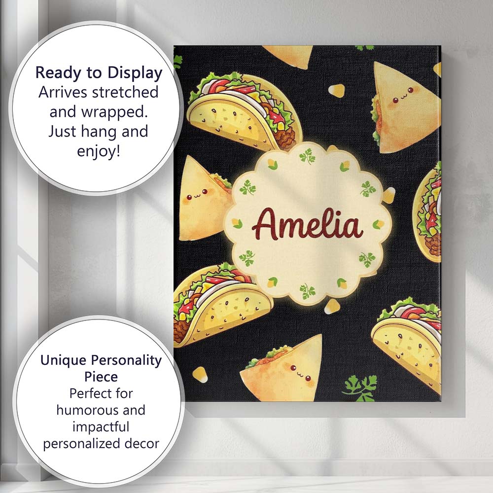Personalised Name Cute Kawaii Taco Wrap Custom Modern Room Accent Elegant Feature Canvas Wall Art Print Decor Picture Ready to Hang