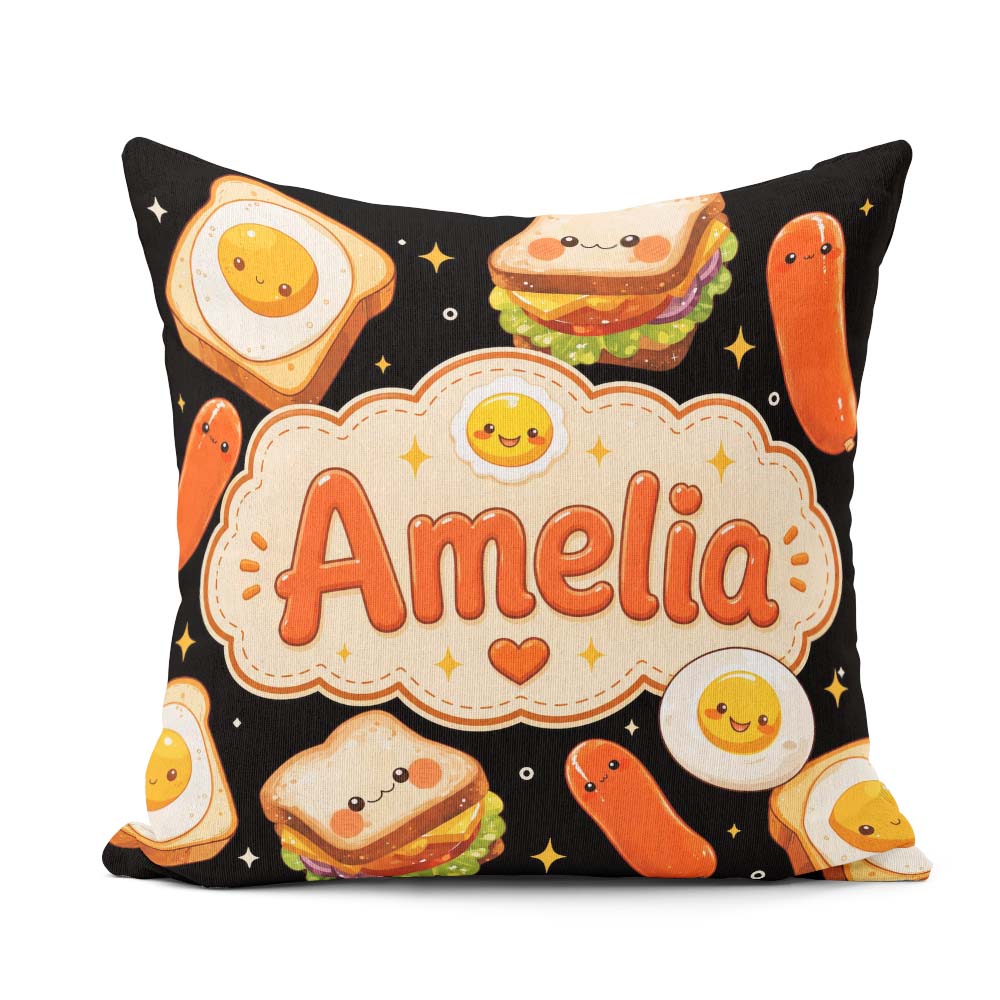 Custom Name Kawaii Breakfast Food Characters Eggs Toast Seamless Square Filled Cushion Throw Pillow Sofa Bed Home Decor Zip Washable UK Made