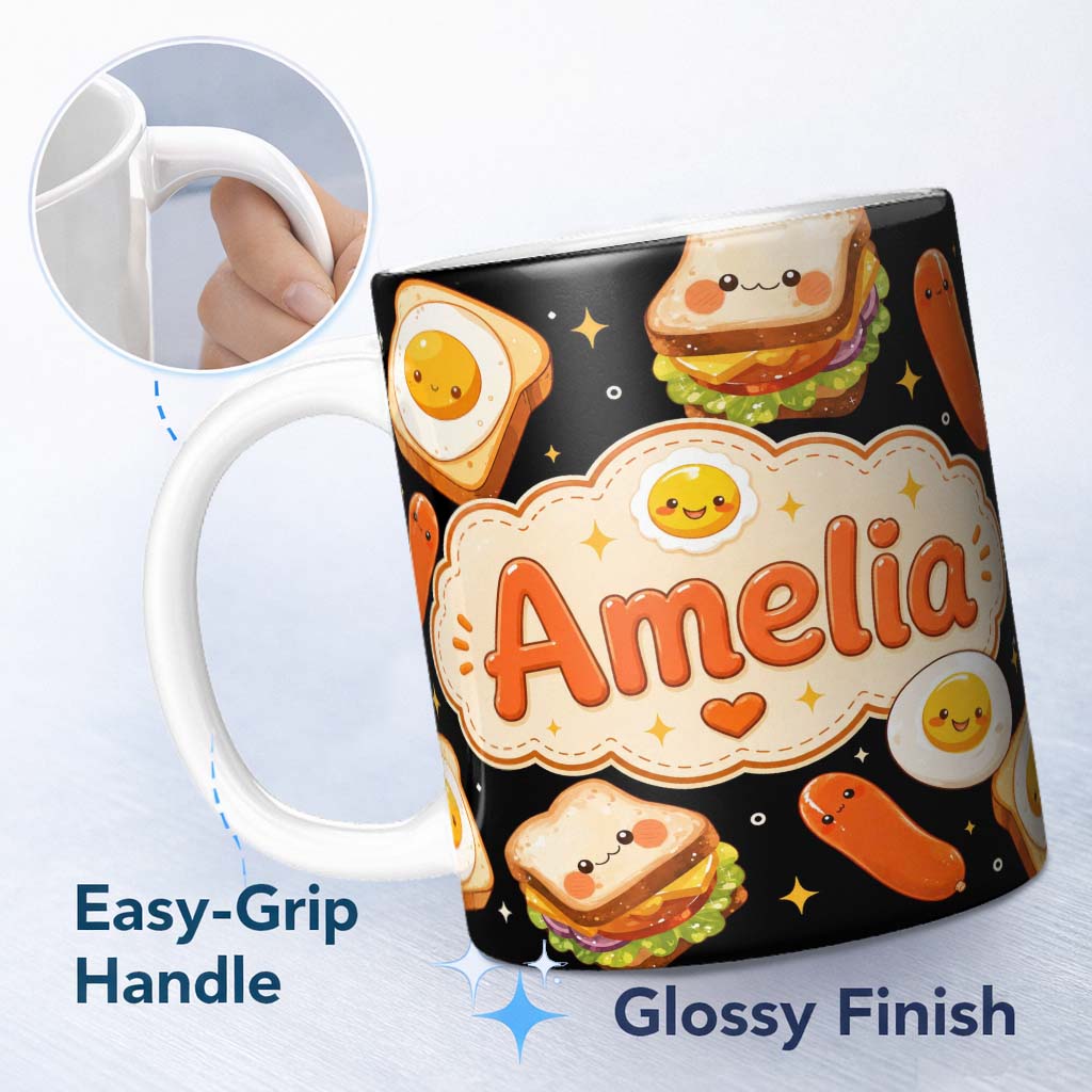 Personalized Custom Name Kawaii Breakfast Food Characters Eggs Toast Sausage Cute Seamless 11oz Ceramic Coffee Tea Mug White Large Handle