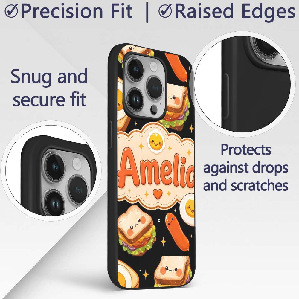 Kawaii Breakfast Food Characters Printed Design Custom Name Protective Phone Case Mobile Cover Durable Everyday Smartphone Shock Resistant