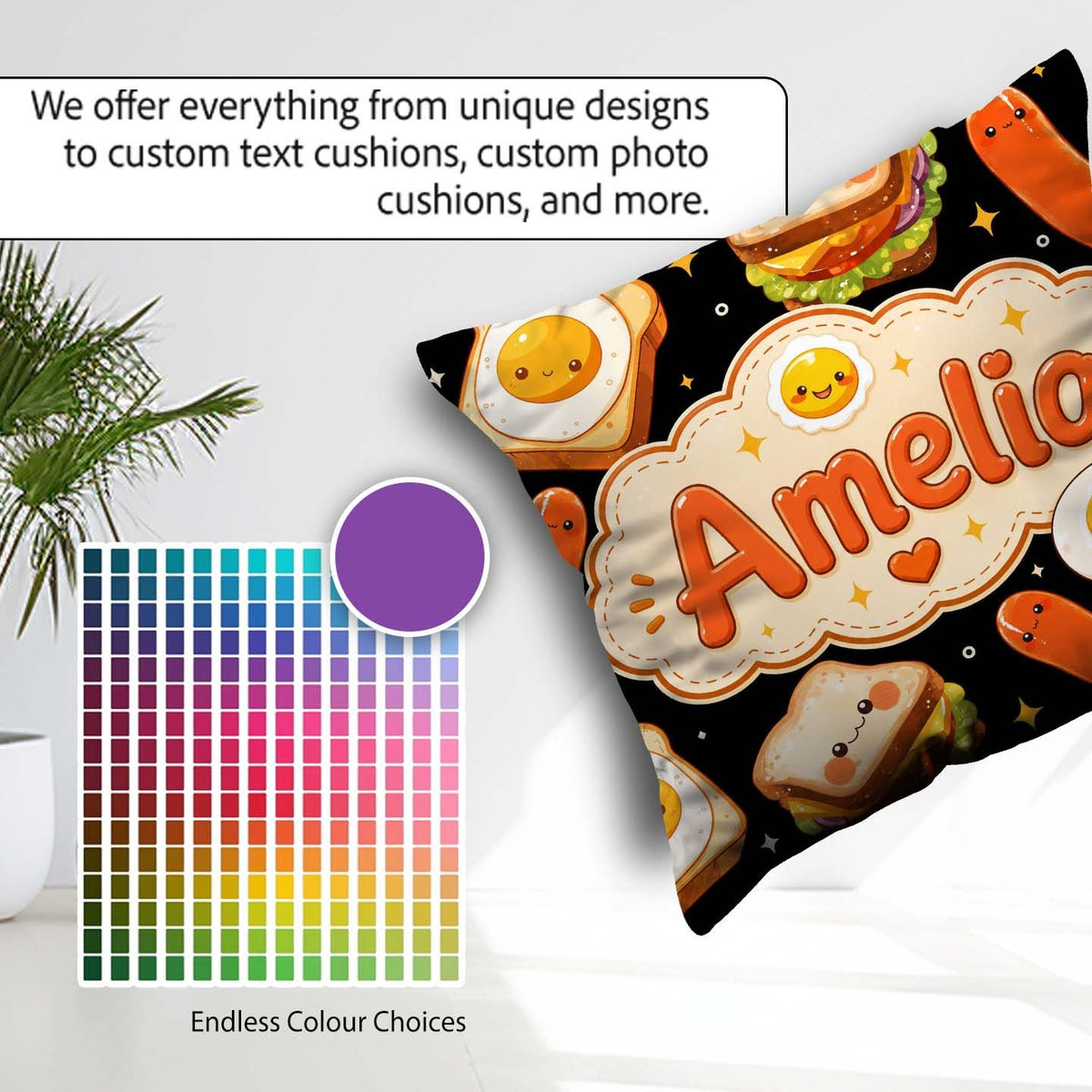 Custom Name Kawaii Breakfast Food Characters Eggs Toast Seamless Square Filled Cushion Throw Pillow Sofa Bed Home Decor Zip Washable UK Made