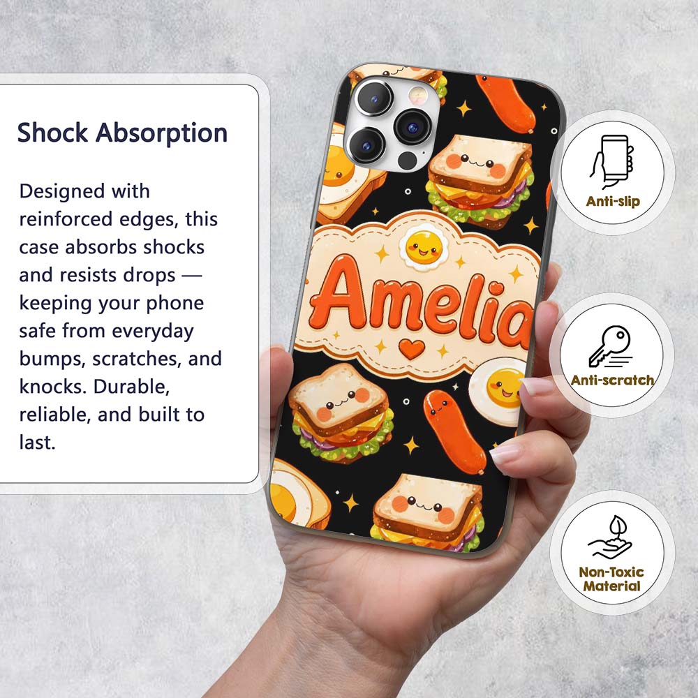 Kawaii Breakfast Food Characters Printed Design Custom Name Protective Phone Case Mobile Cover Durable Everyday Smartphone Shock Resistant
