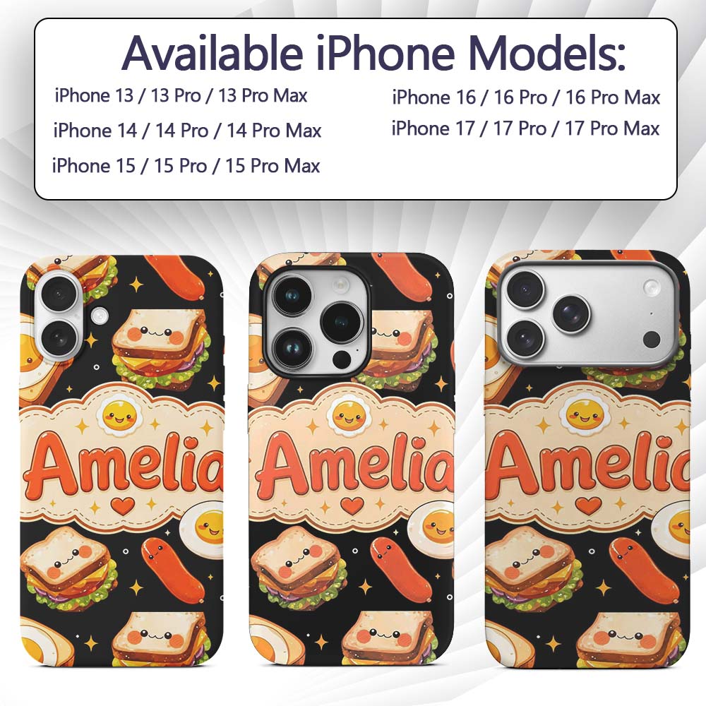 Kawaii Breakfast Food Characters Printed Design Custom Name Protective Phone Case Mobile Cover Durable Everyday Smartphone Shock Resistant