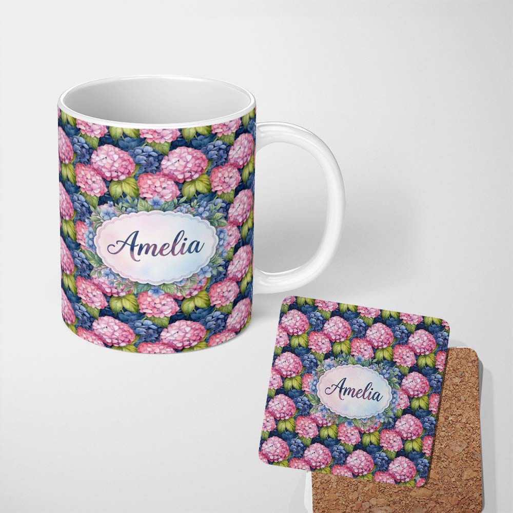 Personalized Custom Name Pink and Blue Hydrangea Floral Seamless Pattern Dark Background 11oz Ceramic Coffee Tea Mug White Large Handle