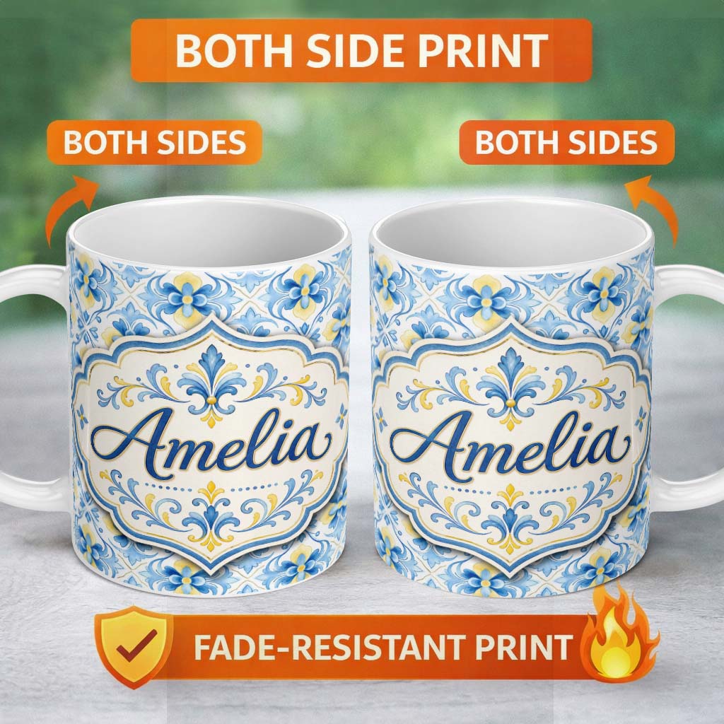 Personalized Custom Name Classic Blue Yellow Tile Floral Motif Seamless Pattern Lovely 11oz Ceramic Coffee Tea Mug White Large Handle
