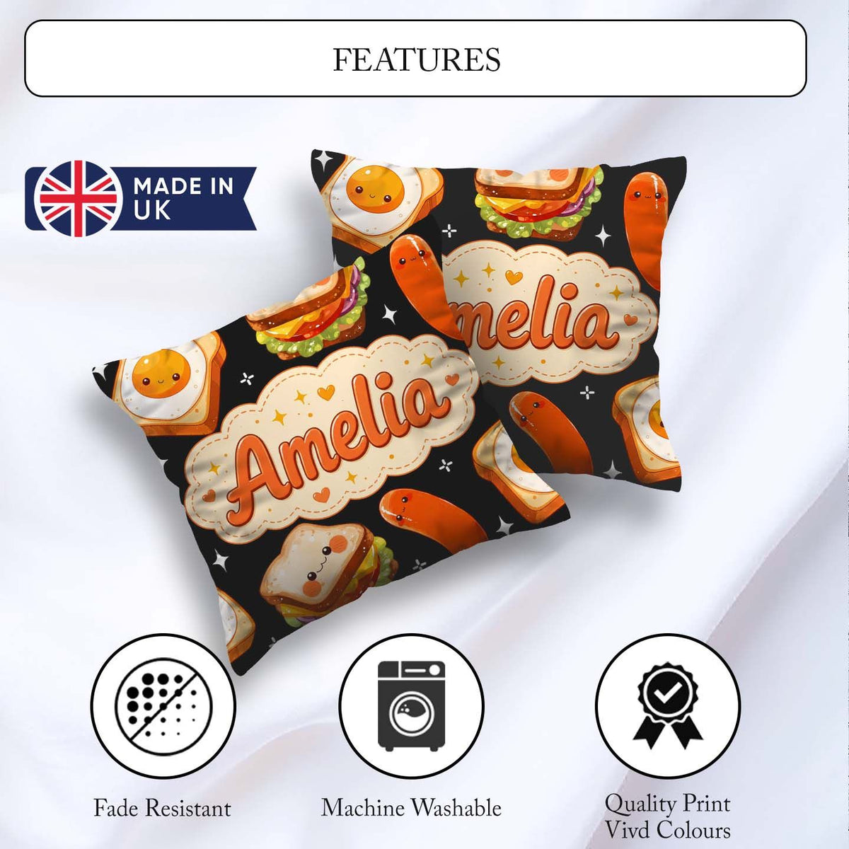 Custom Name Breakfast Food Characters Eggs Toast Sausage Sparkle Square Filled Cushion Throw Pillow Sofa Bed Home Decor Zip Washable UK Made