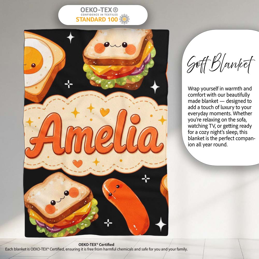 Kawaii Breakfast Food Characters Eggs Toast Sausage Sparkle Personalised Custom Name Super Soft Fleece Blanket Bed Sofa Throw