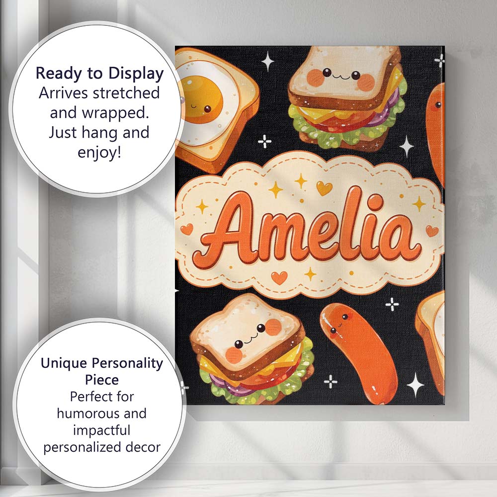 Personalised Name Kawaii Breakfast Food Custom Modern Room Accent Elegant Feature Canvas Wall Art Print Decor Picture Ready to Hang