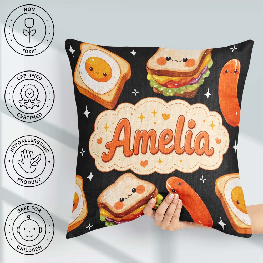 Custom Name Breakfast Food Characters Eggs Toast Sausage Sparkle Square Filled Cushion Throw Pillow Sofa Bed Home Decor Zip Washable UK Made