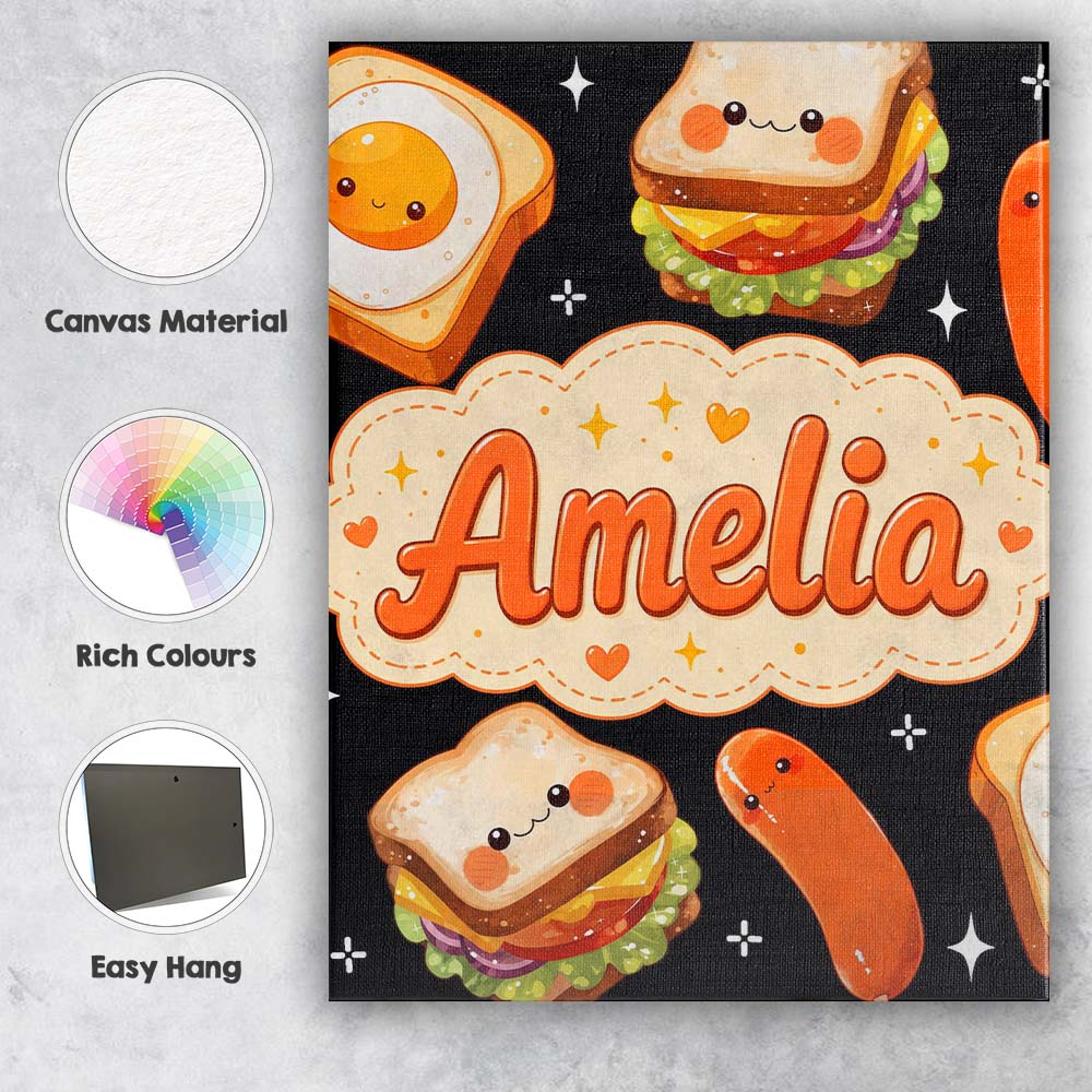 Personalised Name Kawaii Breakfast Food Custom Modern Room Accent Elegant Feature Canvas Wall Art Print Decor Picture Ready to Hang