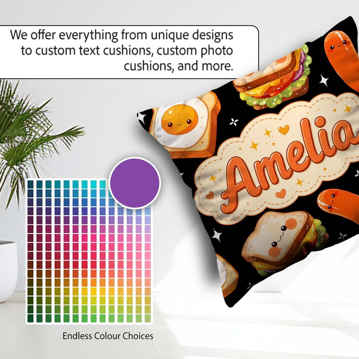 Custom Name Breakfast Food Characters Eggs Toast Sausage Sparkle Square Filled Cushion Throw Pillow Sofa Bed Home Decor Zip Washable UK Made
