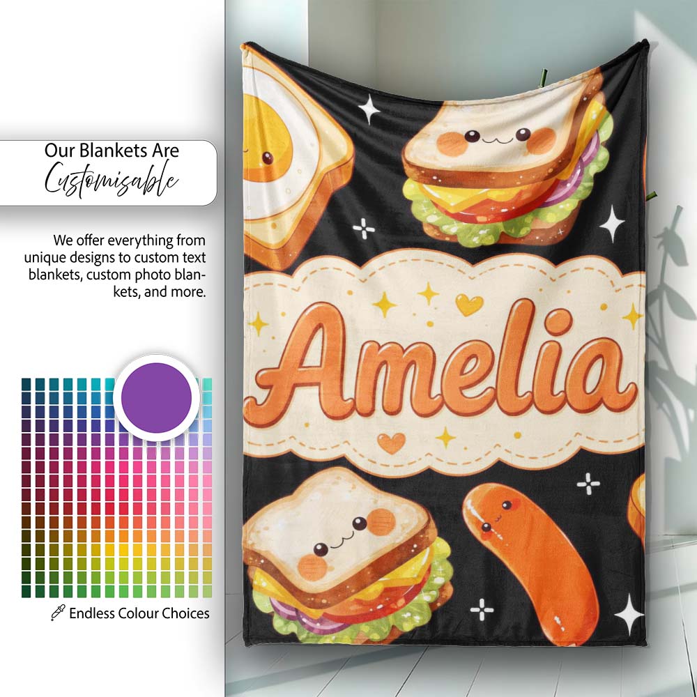 Kawaii Breakfast Food Characters Eggs Toast Sausage Sparkle Personalised Custom Name Super Soft Fleece Blanket Bed Sofa Throw
