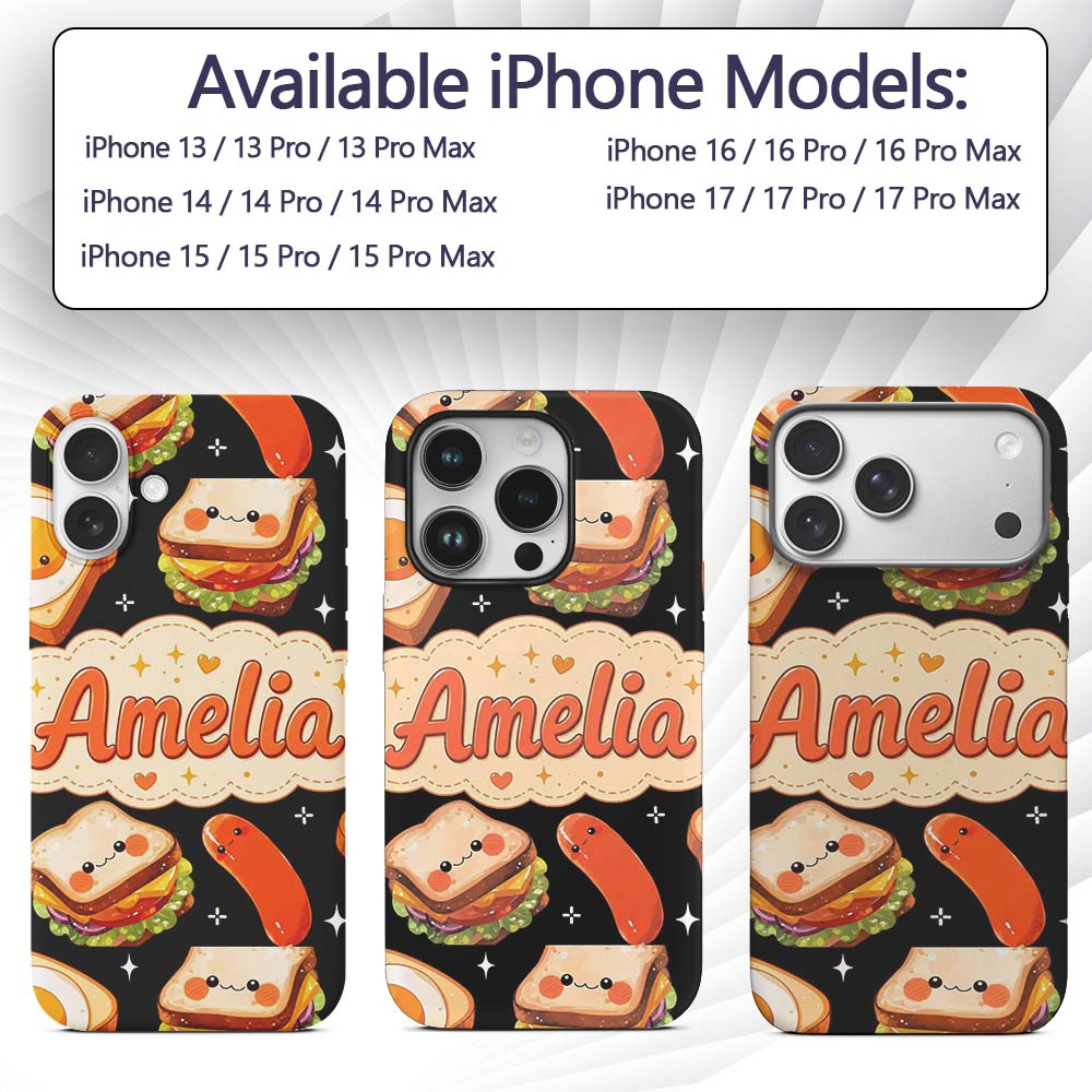 Kawaii Breakfast Food Characters Printed Design Custom Name Protective Phone Case Mobile Cover Durable Everyday Smartphone Shock Resistant