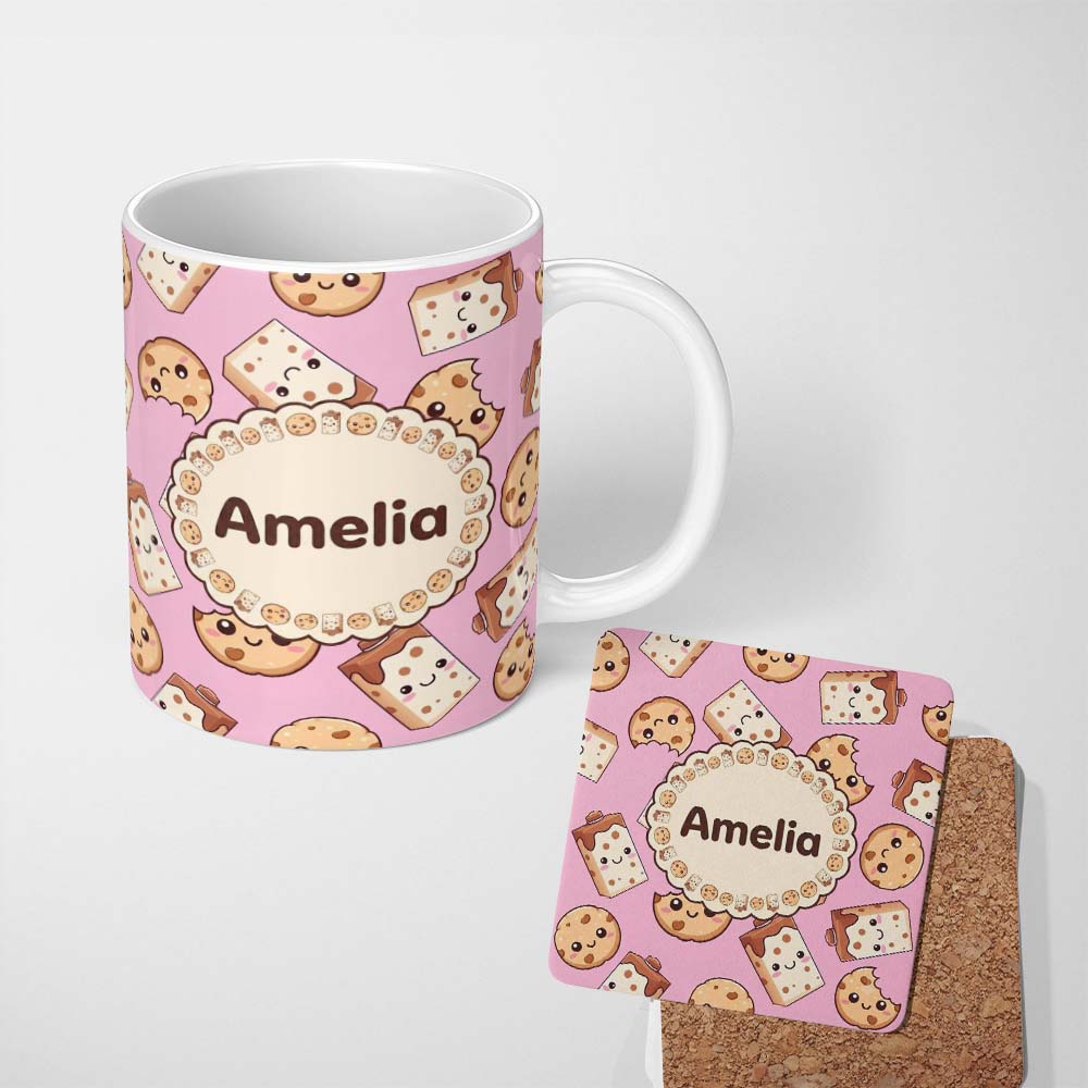Personalized Custom Name Cute Chocolate Milk and Cookies Kawaii Cartoon Sweet Snacks 11oz Ceramic Coffee Tea Mug White Large Handle
