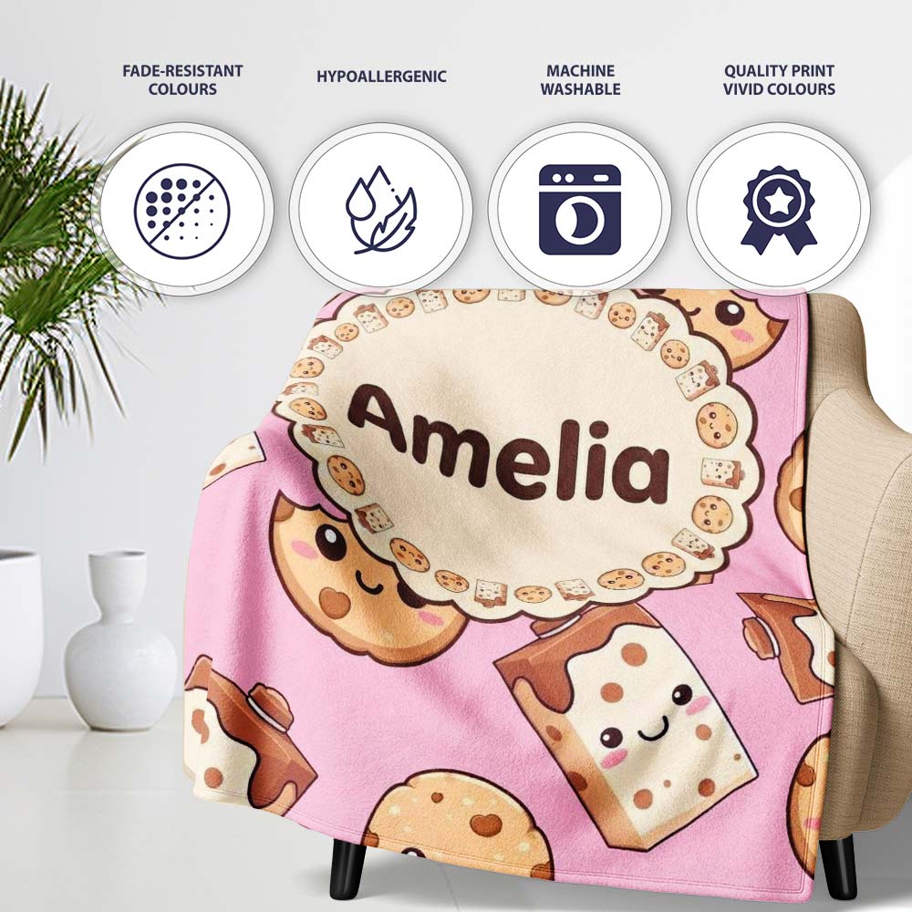 Cute Chocolate Milk and Cookies Kawaii Cartoon Sweet Snacks Personalised Custom Name Super Soft Fleece Blanket Bed Sofa Throw