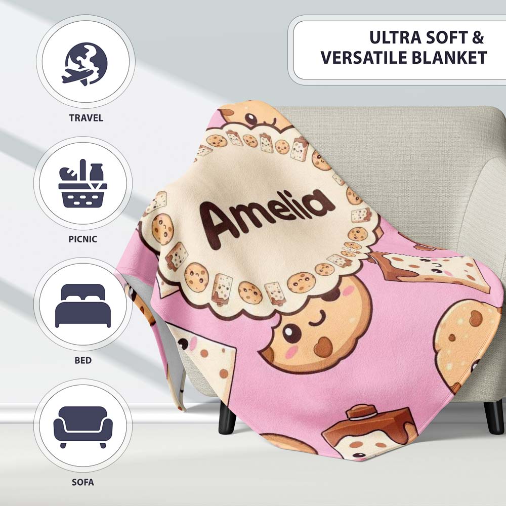 Cute Chocolate Milk and Cookies Kawaii Cartoon Sweet Snacks Personalised Custom Name Super Soft Fleece Blanket Bed Sofa Throw