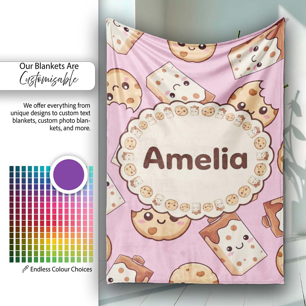 Cute Chocolate Milk and Cookies Kawaii Cartoon Sweet Snacks Personalised Custom Name Super Soft Fleece Blanket Bed Sofa Throw