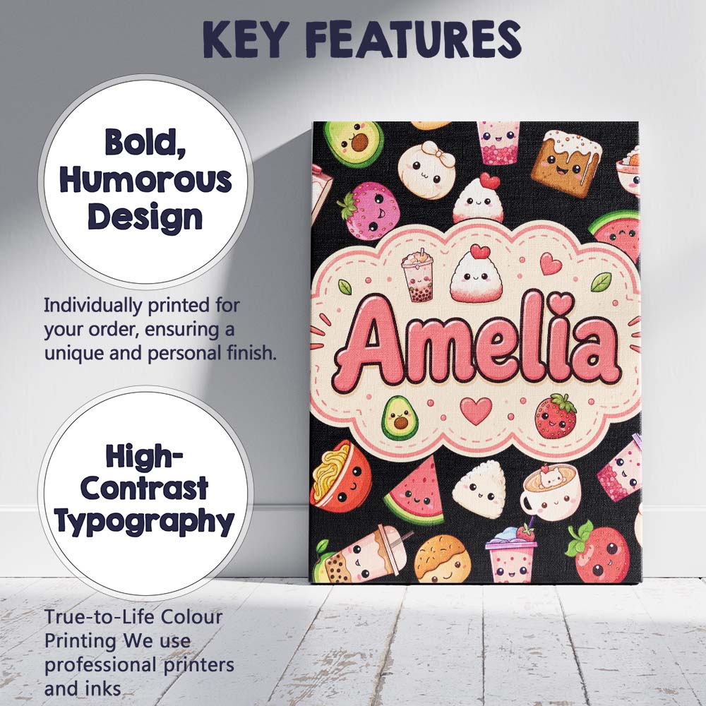 Personalised Name Kawaii Food Collection Custom Unique Gift Idea Elegant Feature Canvas Wall Art Print Decor Picture Ready to Hang