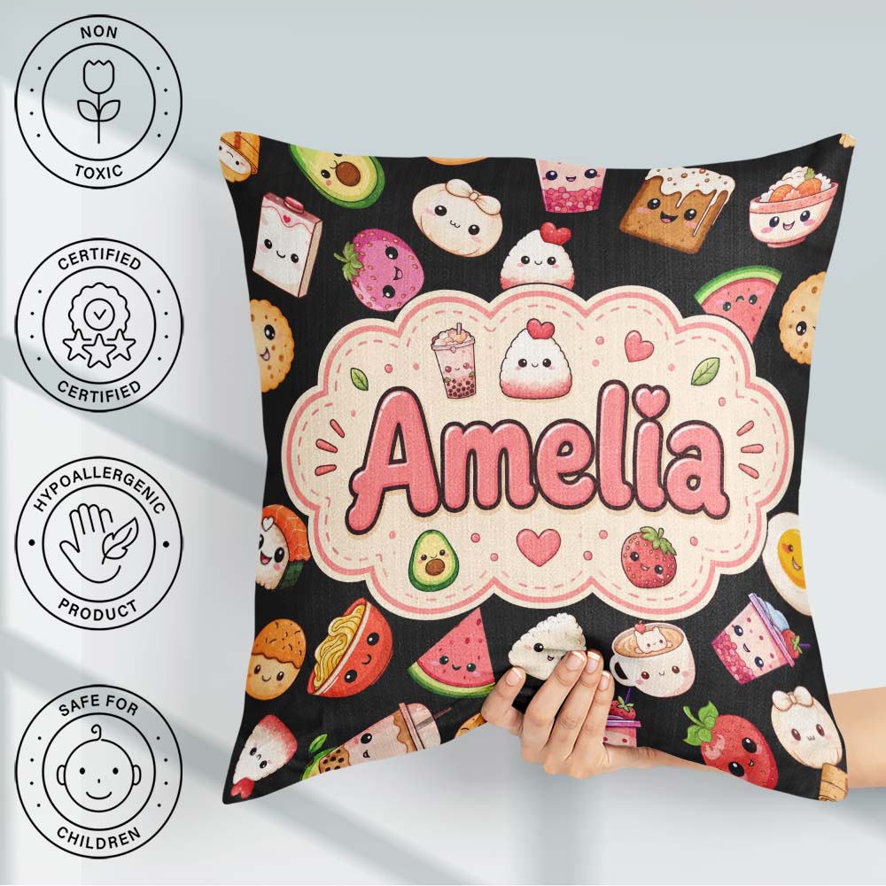 Custom Name Kawaii Food Sushi Fruit Drinks Cute Cartoon Seamless Square Filled Cushion Throw Pillow Sofa Bed Home Decor Zip Washable UK Made