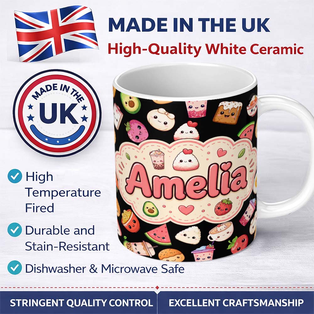 Personalized Custom Name Kawaii Food Collection Sushi Fruit Drinks Cute Cartoon Seamless 11oz Ceramic Coffee Tea Mug White Large Handle