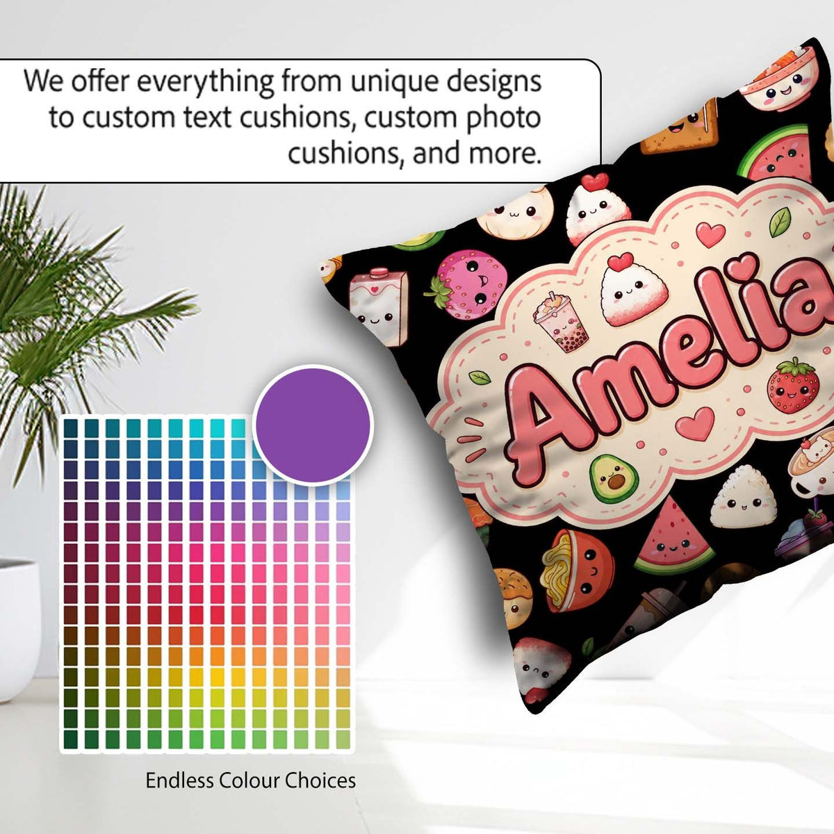 Custom Name Kawaii Food Sushi Fruit Drinks Cute Cartoon Seamless Square Filled Cushion Throw Pillow Sofa Bed Home Decor Zip Washable UK Made