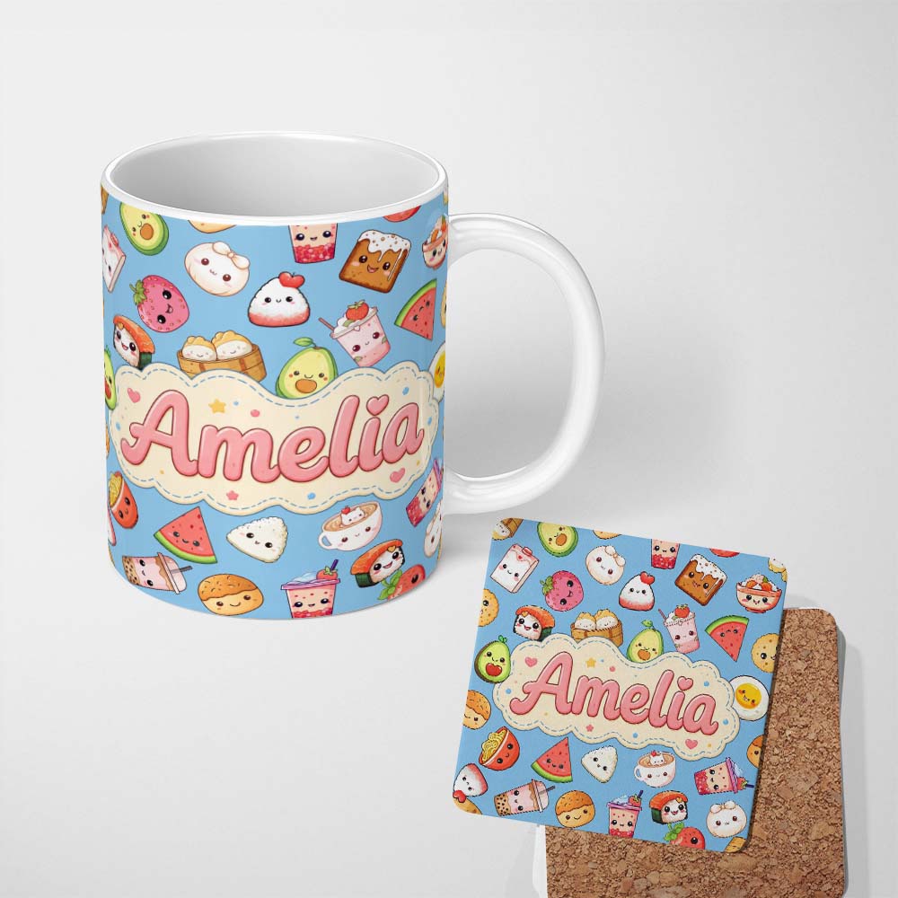Personalized Custom Name Kawaii Food Collection Sushi Fruit Drinks Blue Background Cute 11oz Ceramic Coffee Tea Mug White Large Handle