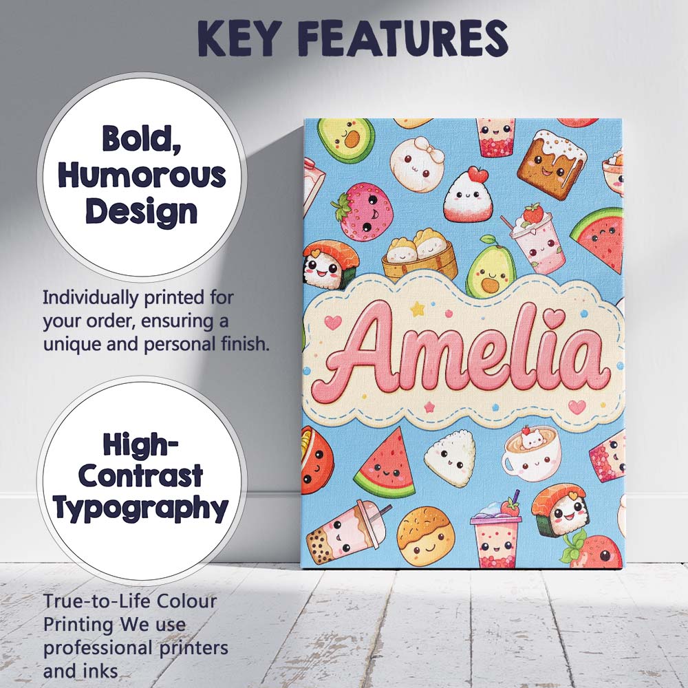 Personalised Name Kawaii Food Collection Custom Unique Gift Idea Elegant Feature Canvas Wall Art Print Decor Picture Ready to Hang
